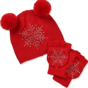 HOLIDAY TIME KID'S RED SNOWFLAKE DOUBLE POM POM HAT AND GLOVE SET